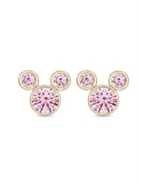 Disney 14k Yellow Gold Mickey Stud Earrings with Pink Cubic Zirconia.